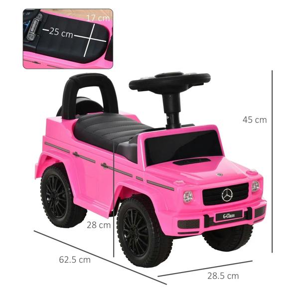 Pink kids ride-on car with black seat and steering handle, side view.