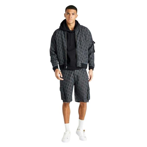 SikSilk Mens Lettering Print Relaxed Fit Cargo Shorts - Black Print - 