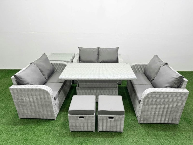 Fimous  8 Seater PE Wicker Rattan Furniture Sofa Sets with Adjustable Lifting Dining or Coffee Table 2 Seater Love Sofa 2 Stool Side Table Light Grey