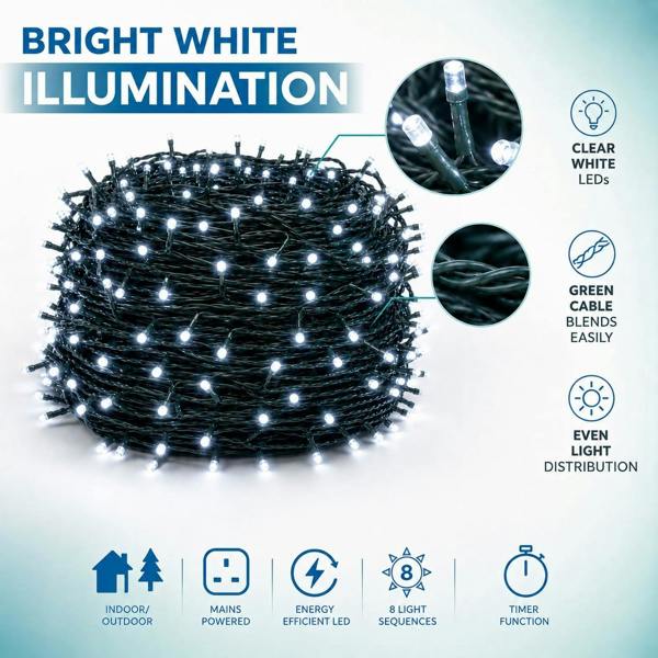 Cool White LED Fairy String Lights with Green Cable, 8 Modes, Memory and Auto Timer image 3