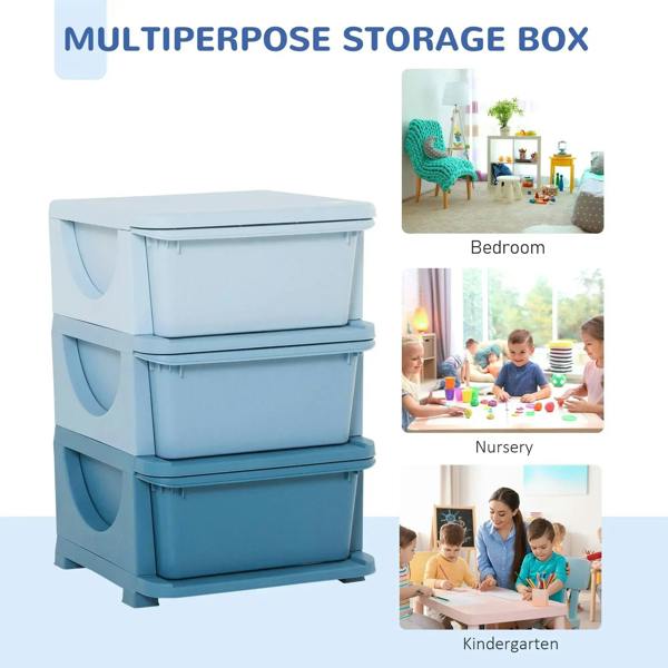 Blue 3-tier plastic storage unit with three drawers and rounded handles