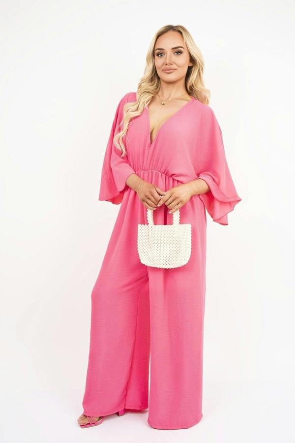 Maysa Wide Leg V Neck Jumpsuit With Back Tie Detail - Fuschia