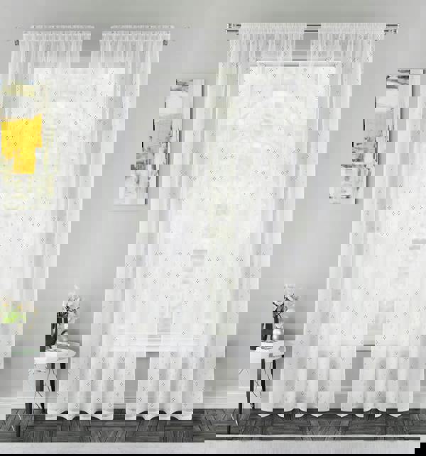 Tyrone Textiles Destiny Metallic Diamond Print On Sheer Linen Look Fabric with Rod Pocket Header - Ready To Hang