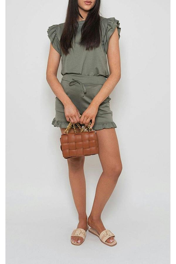 Avie Plain Frill Peplum Sleeve Top Shorts Co-ord Set - Khaki