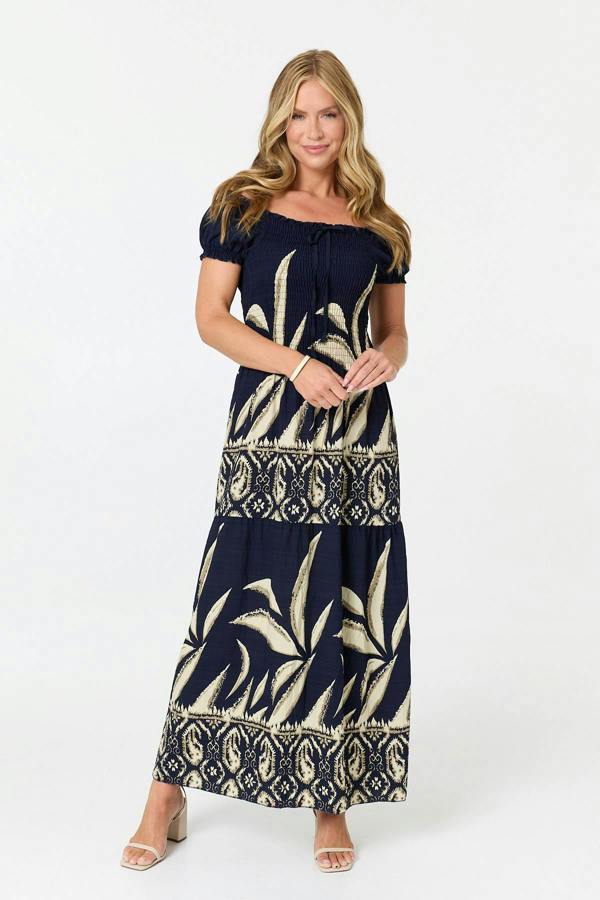 Navy | Printed Bardot Short Sleeve Maxi Dress