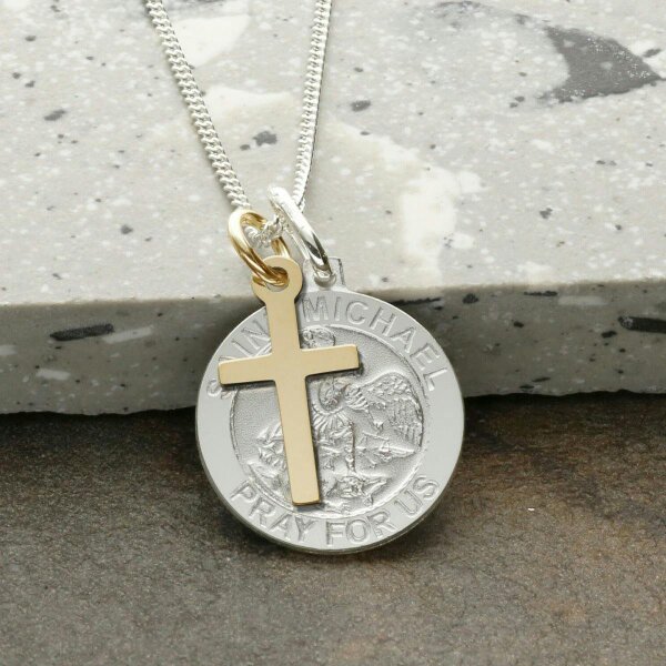 Christopher James of London Sterling Silver St Michael Medal With 9ct Yellow Gold Plated Cross, Optional Engraving and Chain