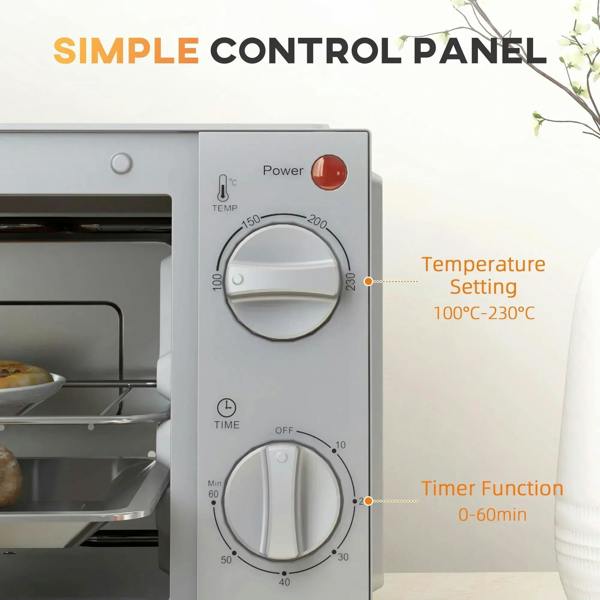 Silver mini oven control panel with Power, temperature, and timer knobs.
