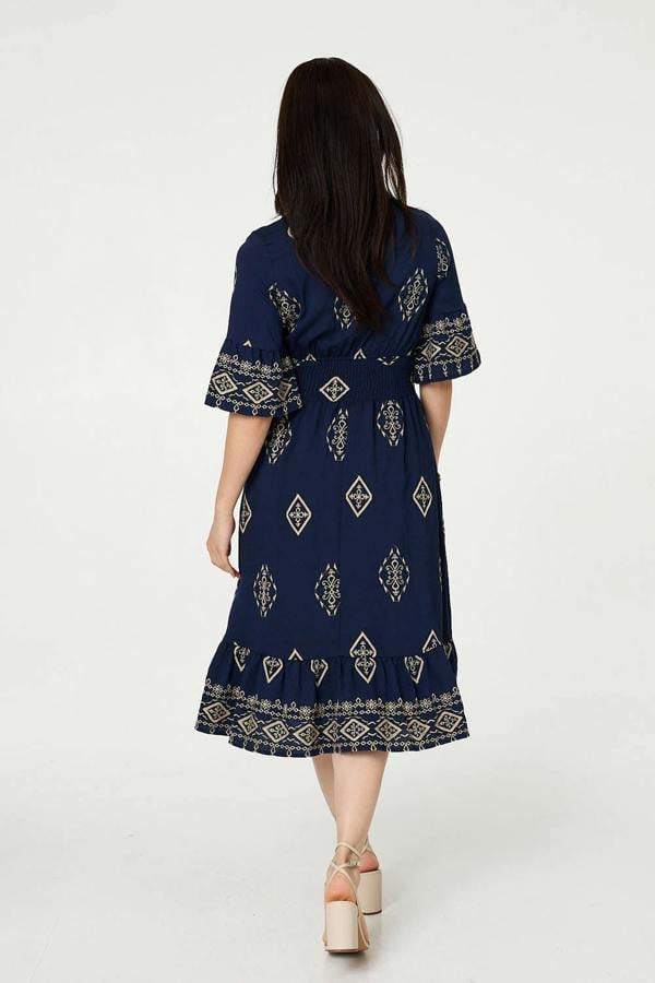 Navy | Printed 1/2 Sleeve Shirred Midi Dress