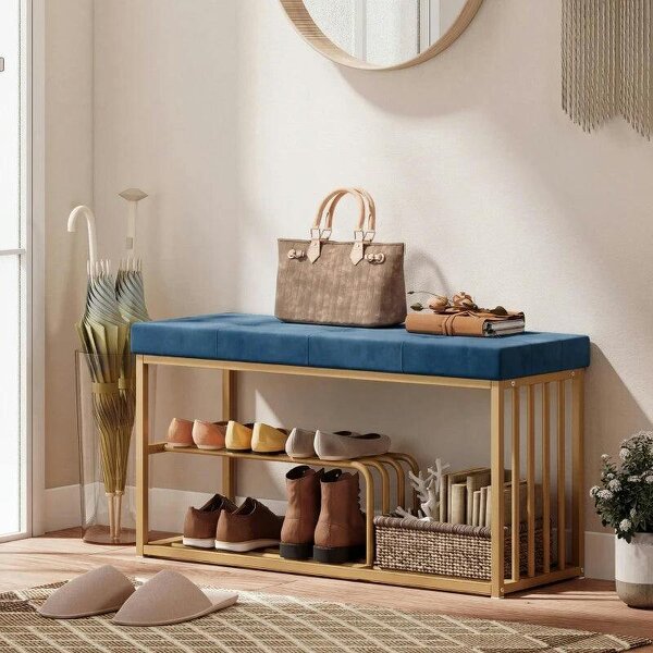 Bench and Shoe Storage, Tufted Shoe Storage Bench with Velvet Seat Cushion Gold Steel Frame for Entryway, Dark Blue - Dark Blue