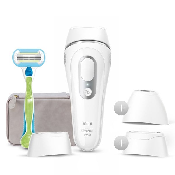 Braun Silk-Expert Pro 3 PL3233 Womens IPL, At Home Hair Removal Device with Pouch, White/Silver