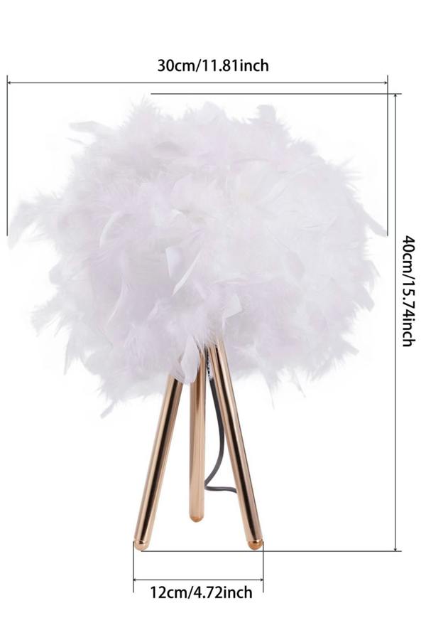 Living and Home White Feather Lampshade Tripod Table Lamp Fixtures Decor - Warm Light