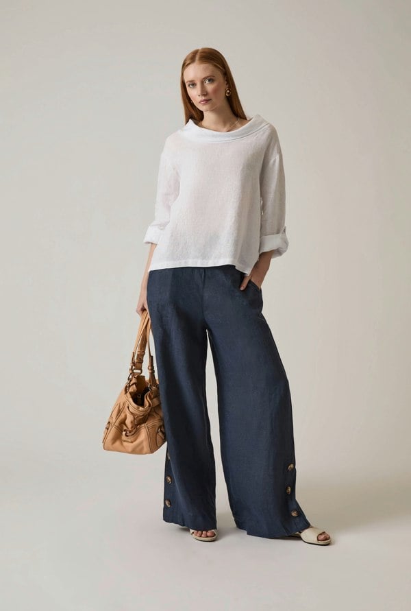 White linen top with draped cowl neckline