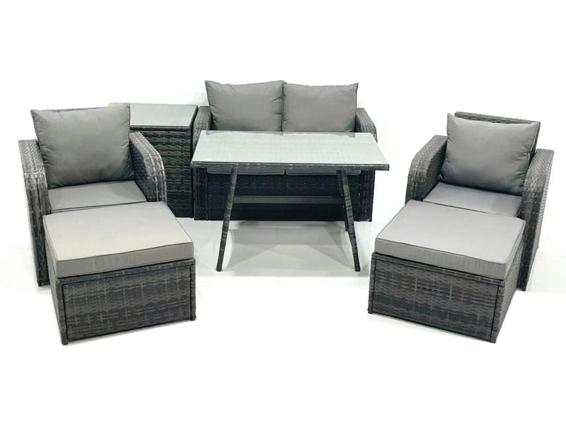 Fimous Outdoor Garden Furniture Set Rattan Sofa Dining Table Set with Reclining Chair 2 Big Footstool Side Table Dark Grey Mixed