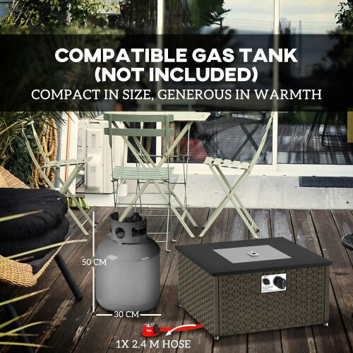 Wyld Haus Lenaro Rattan Grey Square Gas Fire Pit Coffee Table 13 kW With Lid 58 x 58 x 33 cm