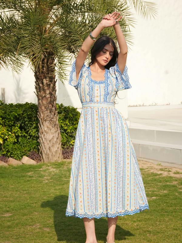 Rose & Nancy Bella Blue and White Ditsy Print Embroidered Midi Dress