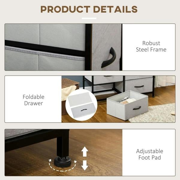 Steel-framed grey fabric drawer dresser with foldable drawer and adjustable foot pad