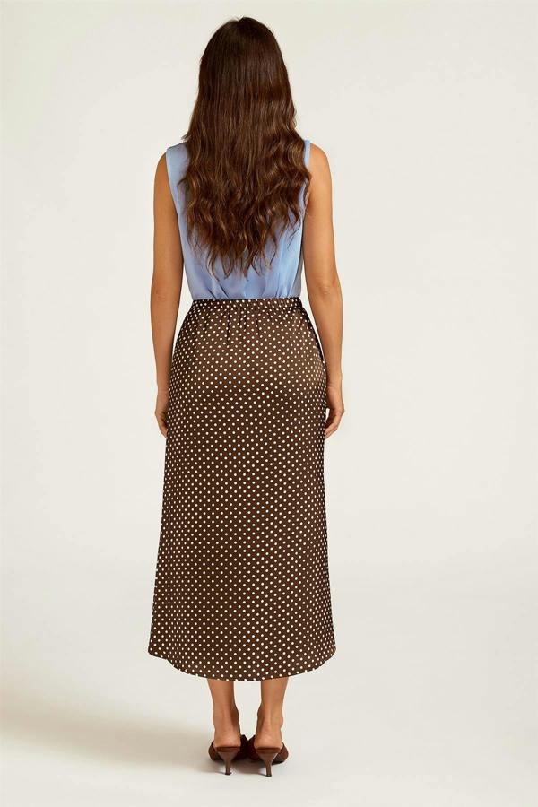 FS Collection Polka Dot Print Satin Midi Skirt In Brown
