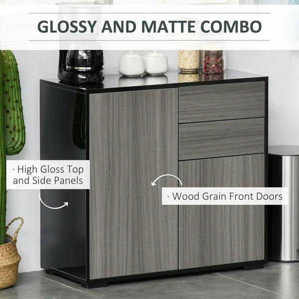 Sideboard with glossy black top and light gray woodgrain doors plus two drawer fronts