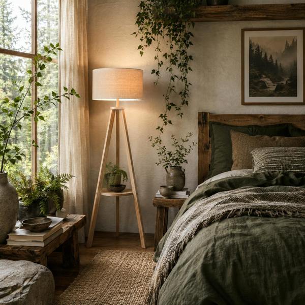 Wyld Haus Laravi Natural Wood And Fabric Cream Tripod Floor Lamp With Shelf And Linen Shade 154 cm