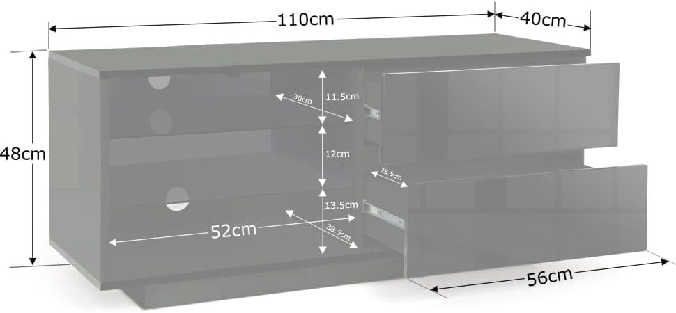 Centurion Supports Gallus Gloss Black with 2-Black Drawers and 3-Shelf 32"-55" LED/LCD/Plasma Cabinet TV Stand