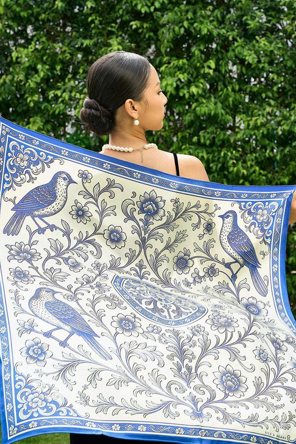 Blue Chinoiserie Birds Twill Silk Scarf – Printed Mulberry Silk, Hand-Rolled Hem