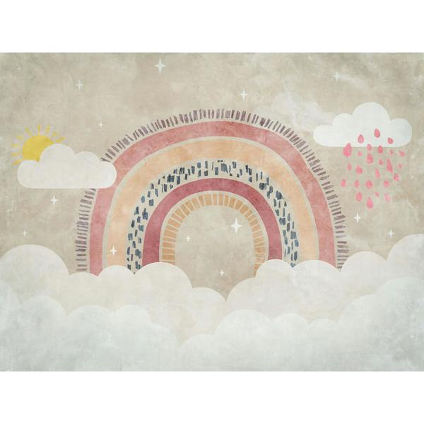 Grandeco Rainbow and Clouds 7 panel Wallpaper Mural 3.71 x 2.8m, Neutral Pink