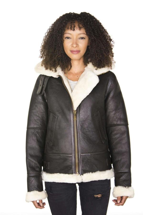 Infinity Leather Womens Hooded Sheepskin Flying Leather Jacket-Orford
