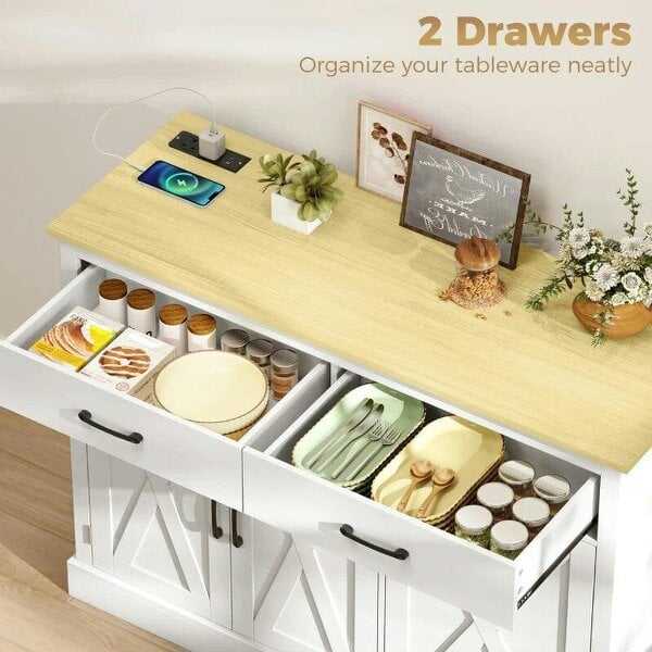 Tilt Out Trash Cabinet with Charging Station, Kitchen Island with Storage, 57 Liter Hidden Rubbish Bin Storage, White