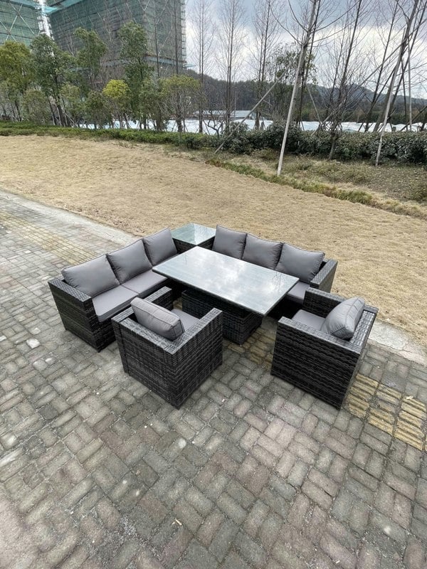 Fimous 8 Seater PE Rattan Corner Sofa Set Rising Adjustable Dining Table Set High Side Coffee Table With 2 Arm Chairs
