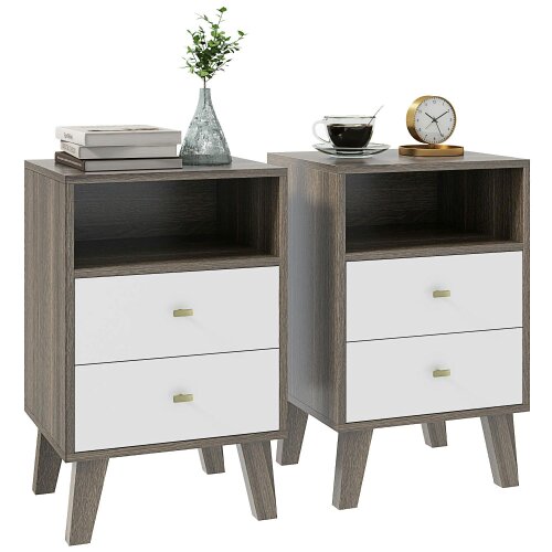 Wyld Haus Cosana Grey and White Scandinavian Bedside Table With Drawers And Open Shelf