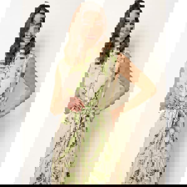 Blue Vanilla Leaf Print Collarless Shirt Dress With Belted Waist