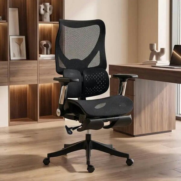 Ergonomic Office Chair with Lumbar Support, Mesh Reclining Desk Chair with Footrest, Adjustable High Back, Black