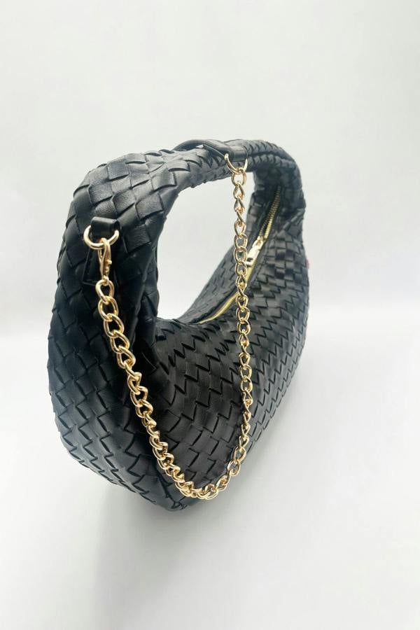 SVNX Woven Hobo Chain Shoulder Bag in Black