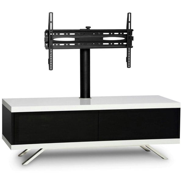 MDA Designs TUCANA 1200 Hybrid Black White TV Stand BeamThru Remote-Friendly Doors up to 60" Flat Screen TV Cabinet with Mounting Arm