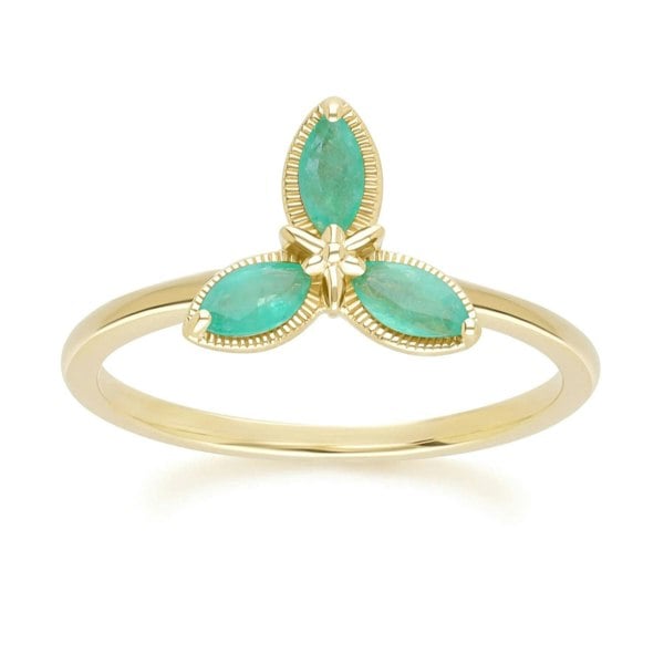 Gemondo Floral Marquise Emerald Ring in 9ct Yellow Gold