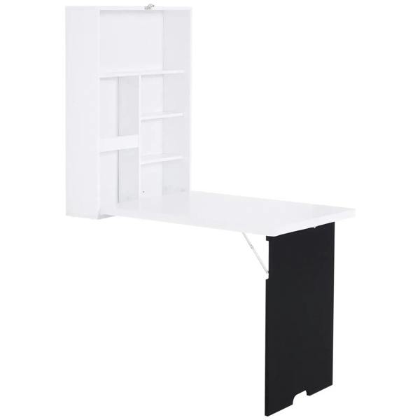 White wall-mounted drop-leaf table with open shelf and black chalkboard panel.