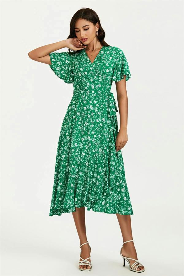 FS Collection Floral Print Midi Wrap Dress In Green