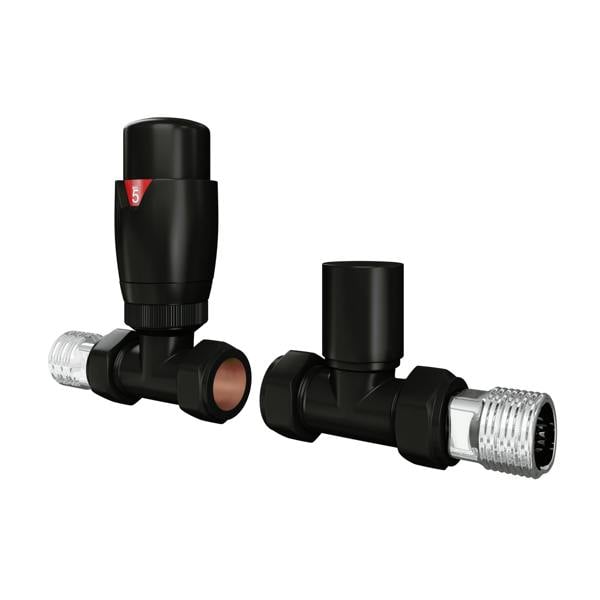 Flode Straight Round Thermostatic TRV & Lockshield | 15mm x 1/2″ | Satin Black