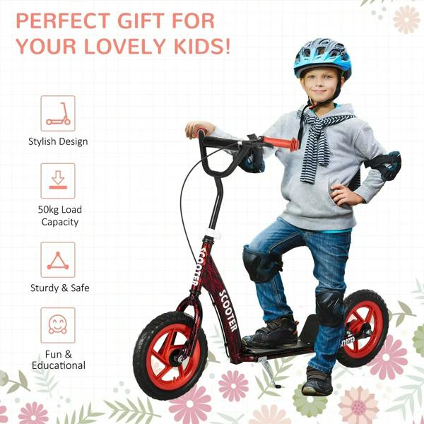 Kids kick scooter in red and black with helmeted rider, showing front wheel and deck