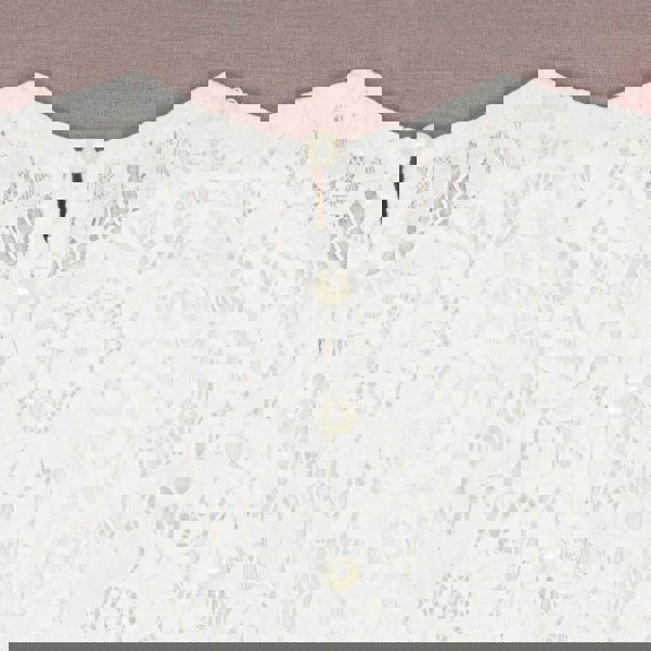 Close-up of a white lace garment with pearl buttons on a beige background