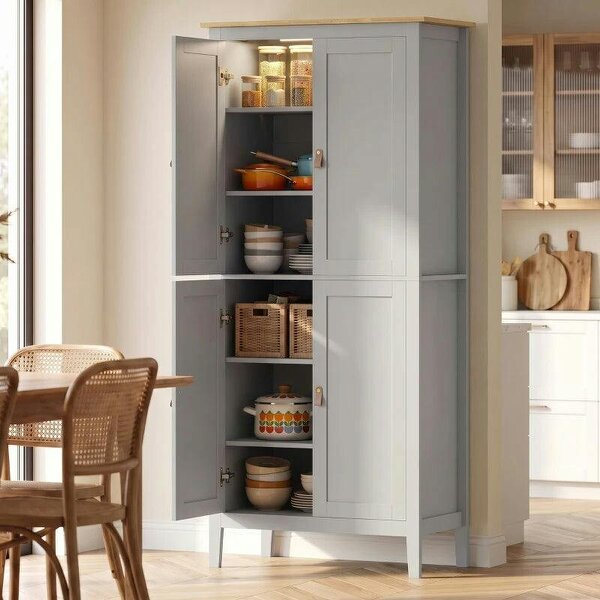 Tall Pantry Cupboard with Motion Sensor LED Light - Grey - Grey
