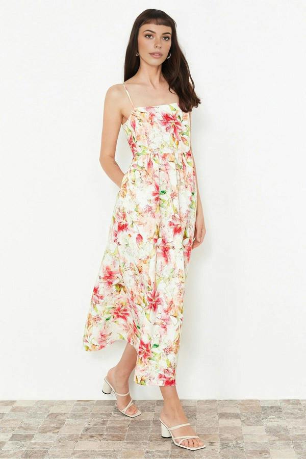 WOVCOR Floral Patterned A-Line Square Neck Woven Dress