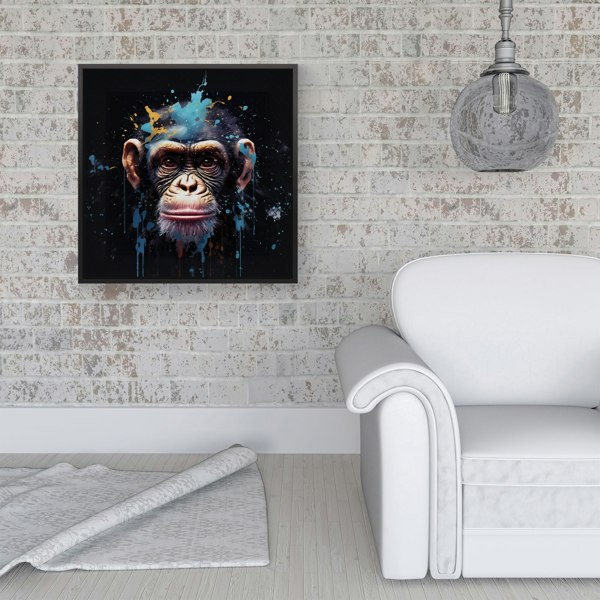 Warren Reed Monkey Face Splash Art with Blue Framed Canvas