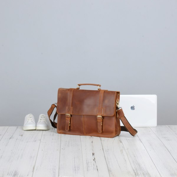 Touribag Worn Look Genuine Leather Briefcase - Brown