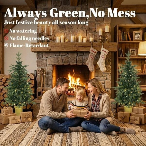 Bobobiy Set of 2 Prelit Christmas Trees with Dual-Colour LEDs, Remote, 4ft Artificial Aspen Fir Battery-Operated, 11 Modes, Pot