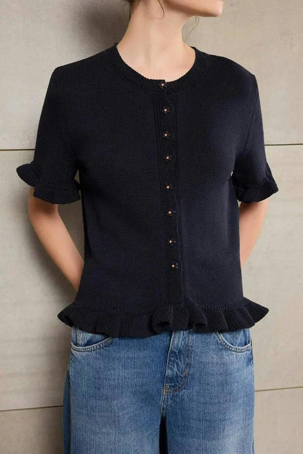 WOVCOR Flower Button Detail Crew Neck Knit Blouse
