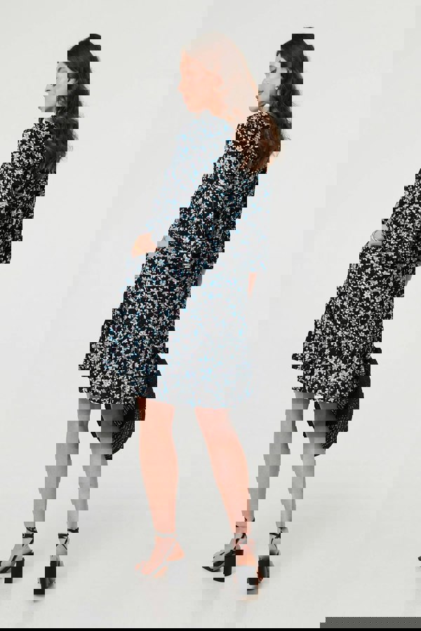 Black | Ditsy Floral Flare Sleeve Short Dress