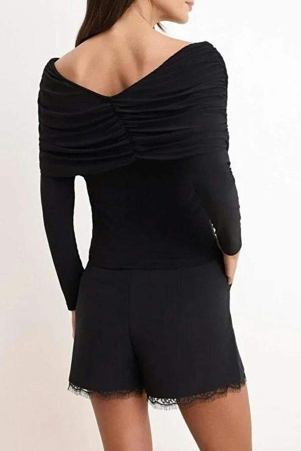 WOVCOR Fitted Carmen Neckline Gathered Detail Long Sleeve Knitted Blouse