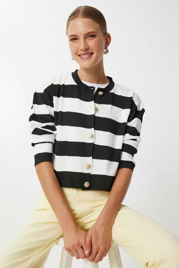 Hoxton Gal Buttoned Striped Knit Cardigan in Black and White