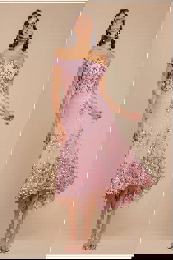 Bardot Sequin & Lace High Low Midi - Blush DR3675